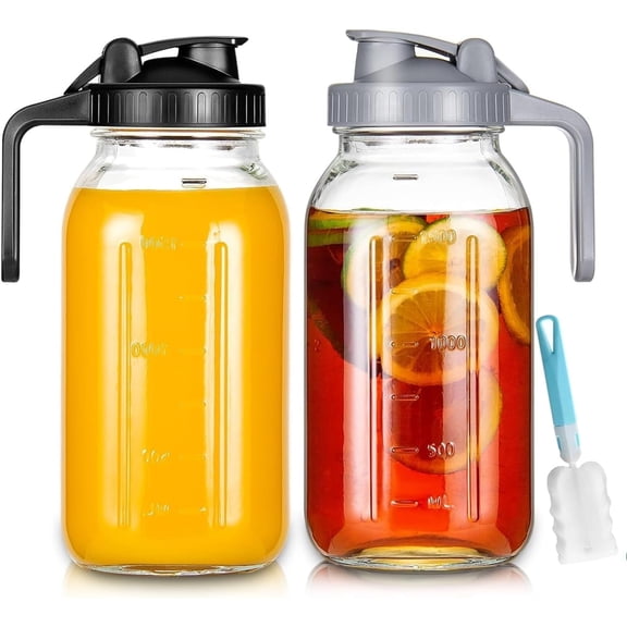 2 Pack 64 oz Glass Pitcher With Lid, Mason Jar Pitcher, Glass Sun Jar for Ice , 2 Quart Breast Milk Jug with Flip Cap Leak Proof, Cold Brew Coffee