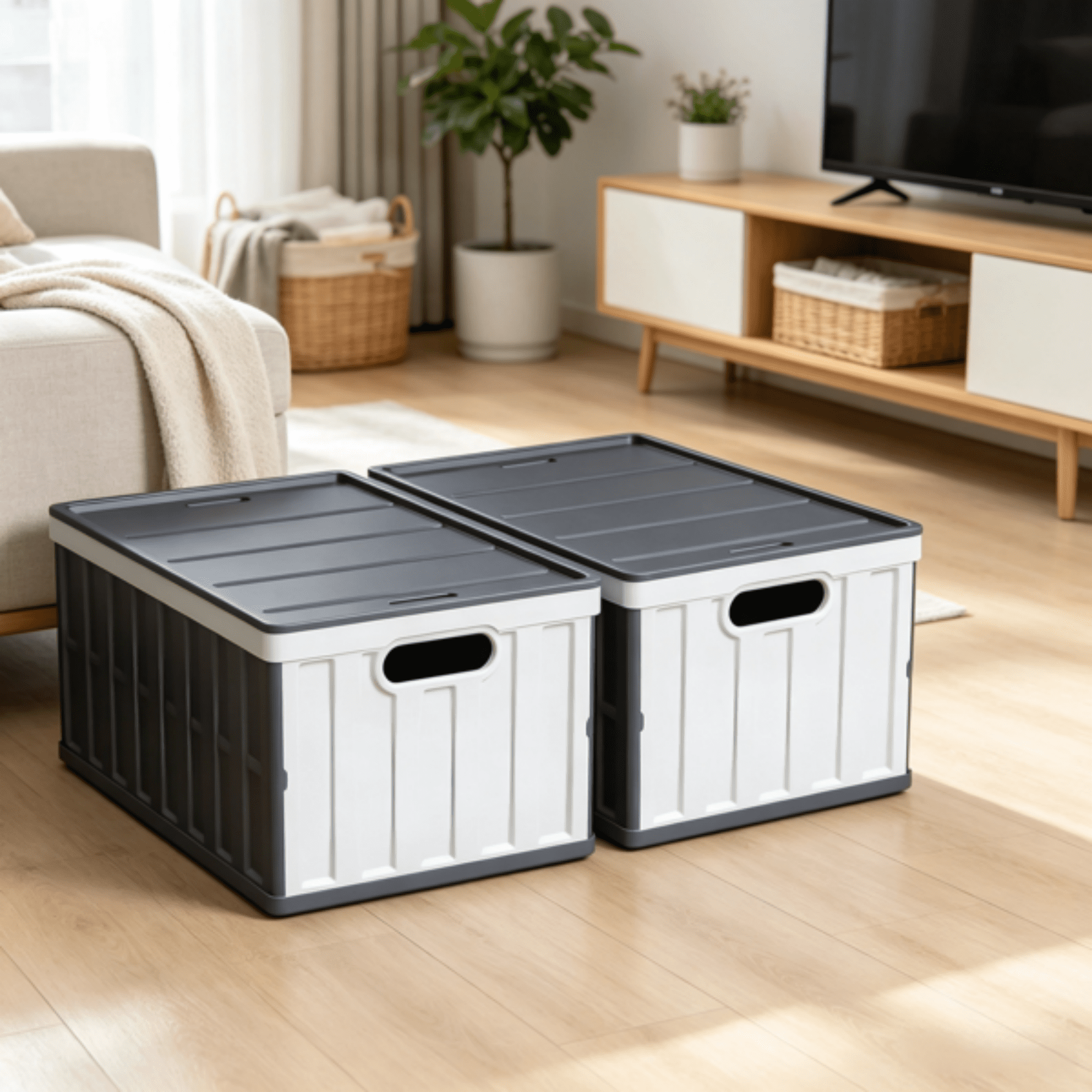2 Pack 65L Collapsible Storage Bins with Lids, Stackable with Handles, Holds 84 lbs Each, Heavy Duty Plastic, Space-Saving Home Organizer