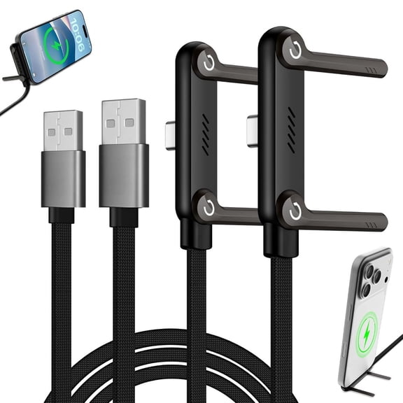 2 Pack 65W Hidden Stand Charging Cable, 2-in-1 USB-A Fast Charging Cord with 360 Adjustable Metal Holder, Ideal for Gaming & Video Watching