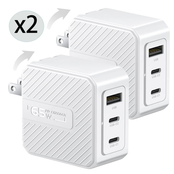 [2 Pack] 65W USB Wall Charger, XUDUO 3-Port Foldable Travel GaN Charger Block Adapter Compatible with iPhone 15, Samsung Galaxy, MacBook-White