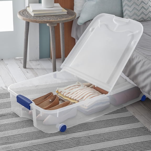 2-Pack 66 Qt Large Clear Underbed Storage Bins with Wheels & Latching Lid - Slim  Stackable Plastic Containers for Bedroom, Closet, Seasonal Clothes, Blankets, Shoes Organization