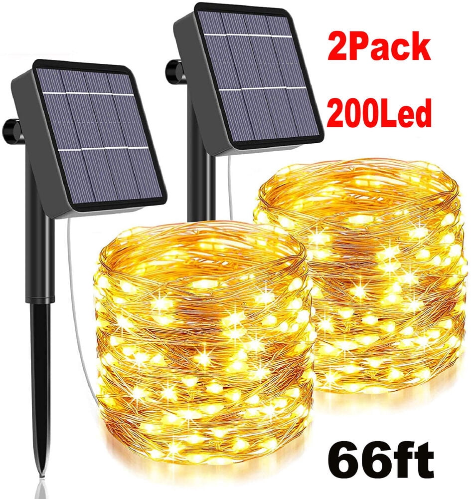 2 Pack 66FT 200 LED 8 Modes Solar String Cooper Wire Fairy Light Outdoor Yard US