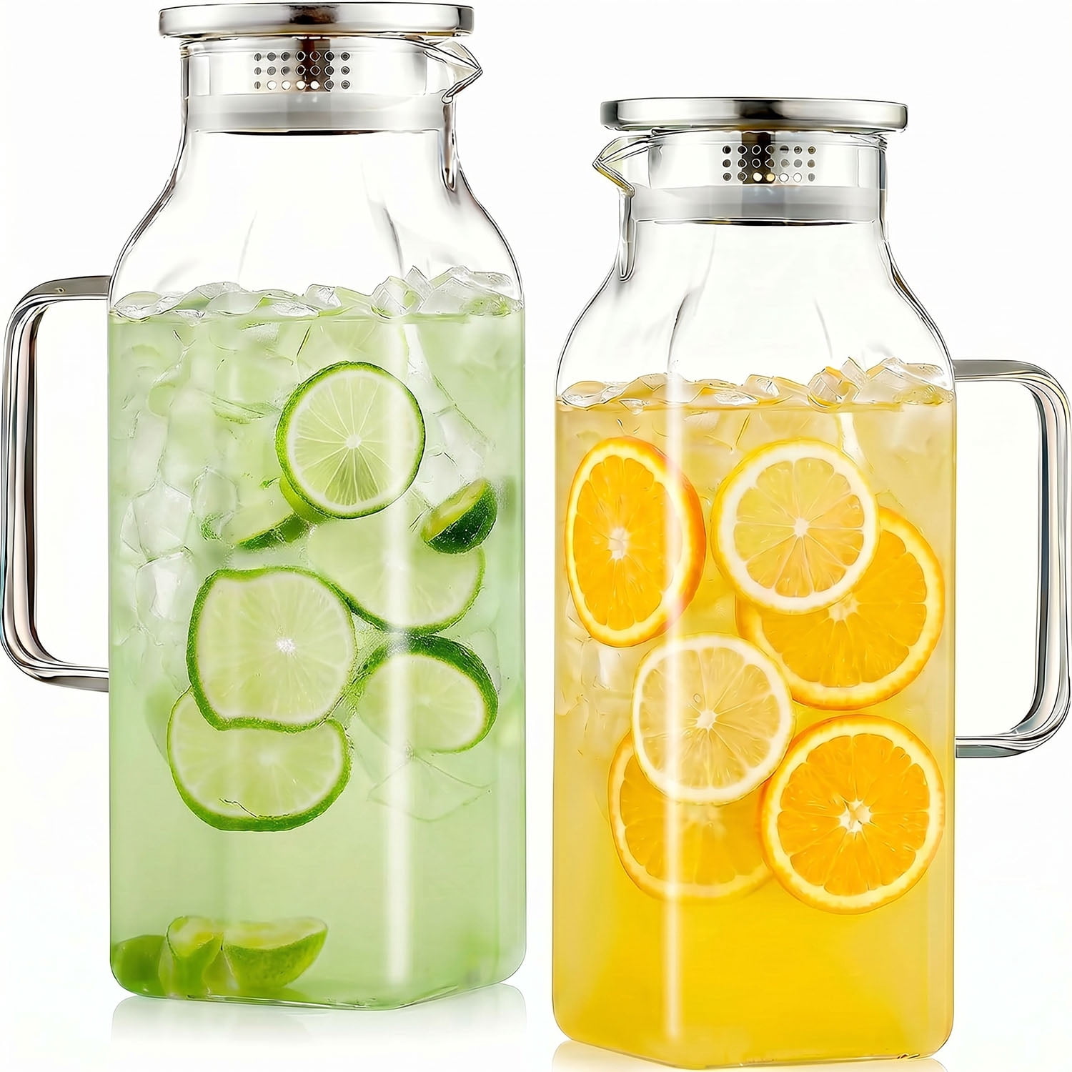2 Pack 68 oz Square Glass Pitcher with Lid and Handle for Fridge, Iced Tea and Coffee Carafe Beverage Serveware, Heat Resistant Borosilicate Water Jug for Hot/Cold Drinks and Milk