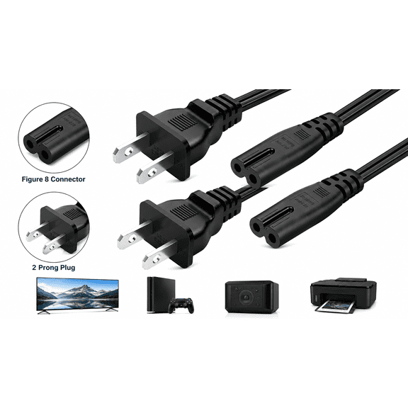 2-Pack 6FT 2 Prong AC Power Cord Replacement, 18AWG Figure 8 IEC C7 Power Cable for PS5, PS4, Xbox Series X/S, Smart TV, Printer, Speaker