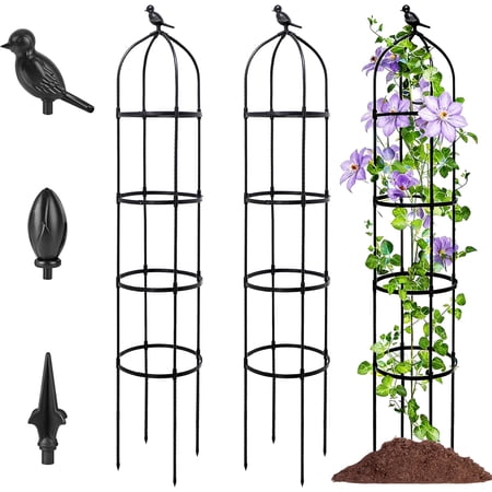 2-Pack 6FT Garden Obelisk Trellis for Climbing Plants,Adjustable 4-Tier Metal Plant Support,Rustproof Outdoor Plant Tower with 3 Decorative Tops for Roses,Tomatoes,Clematis & Vines,Black