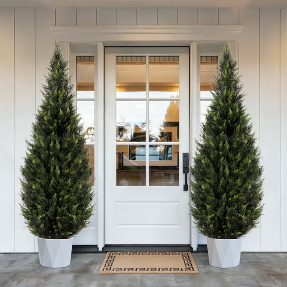 2 Pack 6FT Tall Artificial Cedar Topiary Trees, Lifelike Faux Evergreen Fake Shrubs Bushes, Decorative Greenery for Front Porch, Front Door, Garden & Indoor Living Room Home Decor