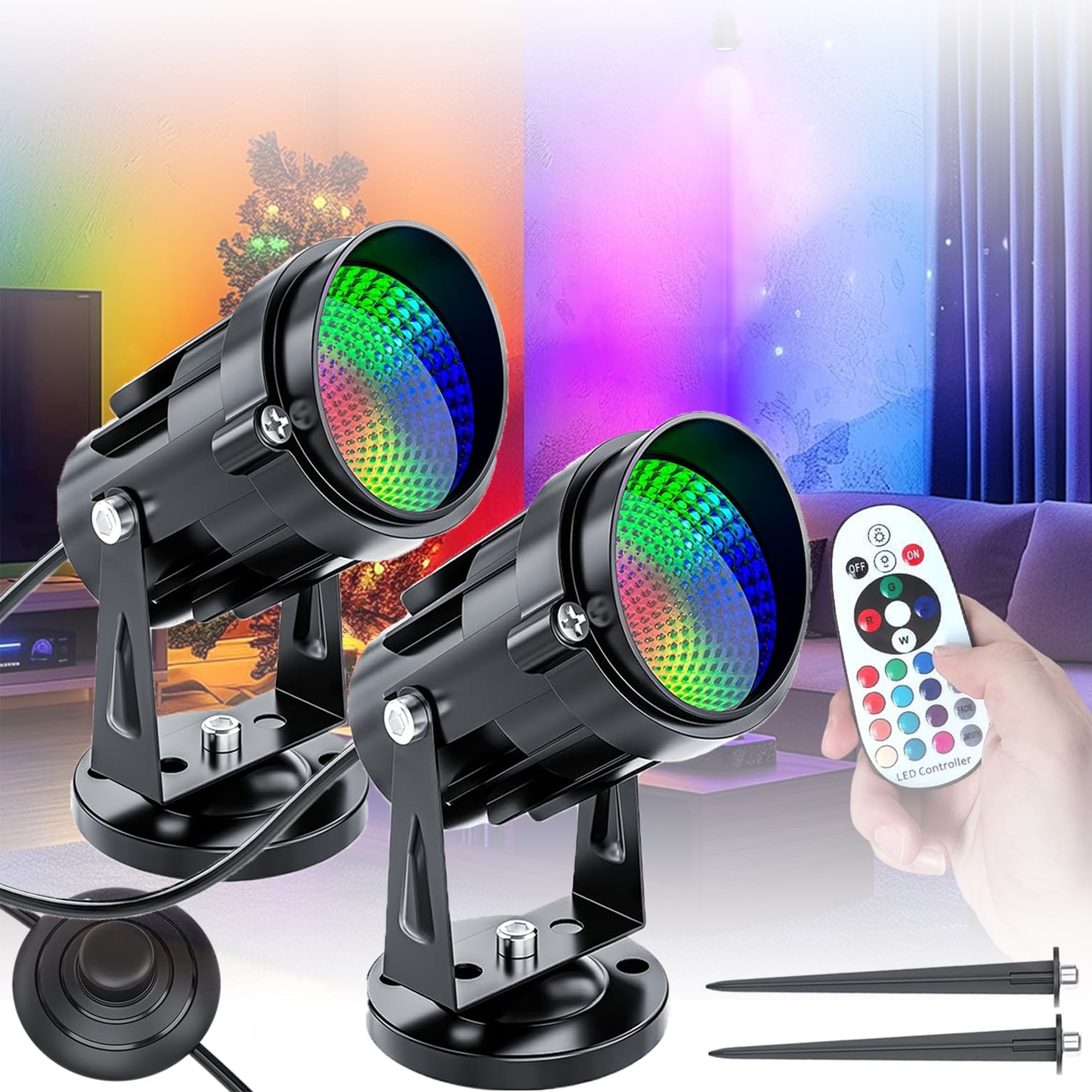 2 Pack LED Outdoor Spotlights Waterproof, 16 Color Changing Landscape Spotlights, Plug in Spot Light with Dimmable Uplighting,Remote & Foot Switch for Christmas, Party, Halloween Decoration