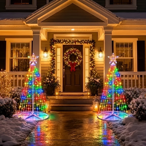 2-Pack 6ft Foldable LED Cone Christmas Tree Light with Star Topper, Multicolor Outdoor Holiday Decoration for Front Porch Yard Walkway