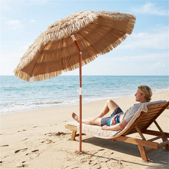 2 Pack 6ft Thatched Tiki Patio Umbrella Natural Tropical Outdoor Umbrella with Push Button Tilt Portable Sun-Proof Umbrellas for Poolside Tiki Bar