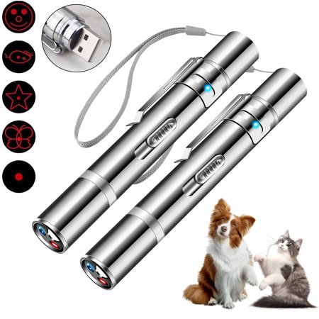 Cteifuer 2 Pack 7 in 1 LED Laser Pointer Toy with 5 Switchable Patterns, Rechargeable Laser Chase Toy for Pet Training Exercising Chasing Playing