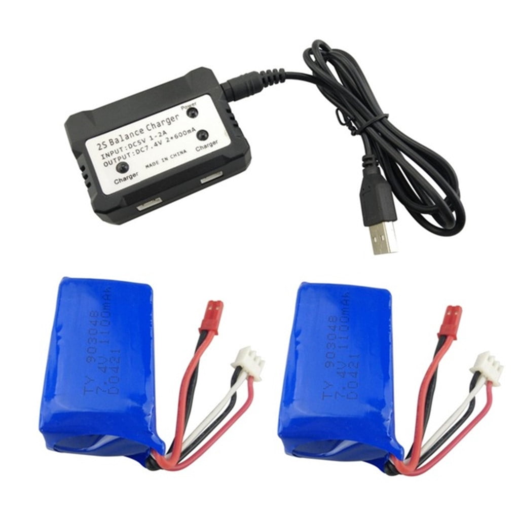 ​2-Pack 7.4V 1100mAh LiPo Batteries + Dual-Port Charger - for WLToys A949/A959/A969/A979/S989 1:28 RC Cars​​ Black ,Bule