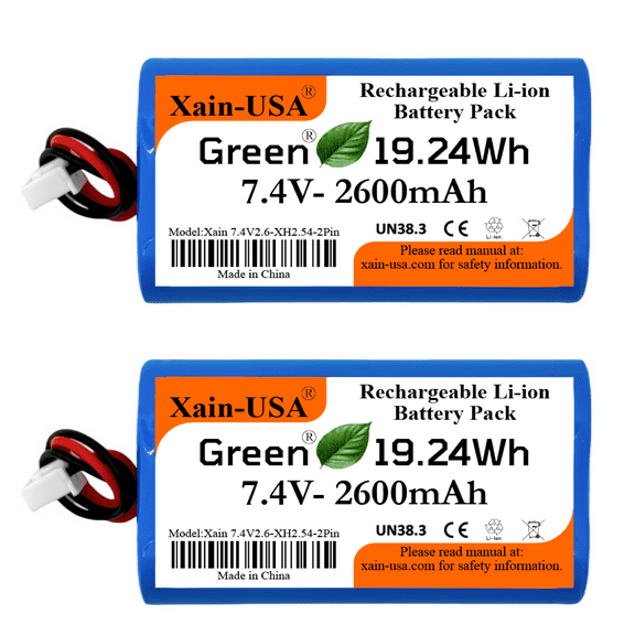 (2-Pack) 7.4V 2600mAh Li-ion Battery Pack (19.24Wh) with JST-XH 2-Pin Connector Rechargeable 2S Pack for RC Cars, Robots, LED Lights, Portable Electronics, DIY Electronics Products
