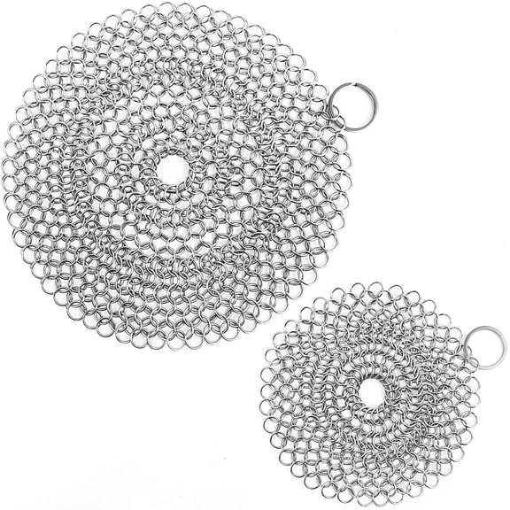 2 Pack 7" & 5" Round Stainless Steel Chainmail Cast Iron Scrubber, Premium Reusable Non-Scratch Cookware Cleaner, Multipurpose Chain Mail Scour Pad for Cast Iron Skillets