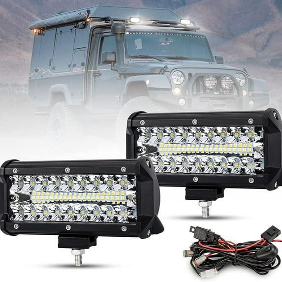 2 Pack 7 inch Triple Row LED Light Bar, 320W 32000LM Flood Spot Combo Offroad Driving Lights, LED Fog Lights Waterproof, LED Work Lights with 14AWG Wiring Harness Kit