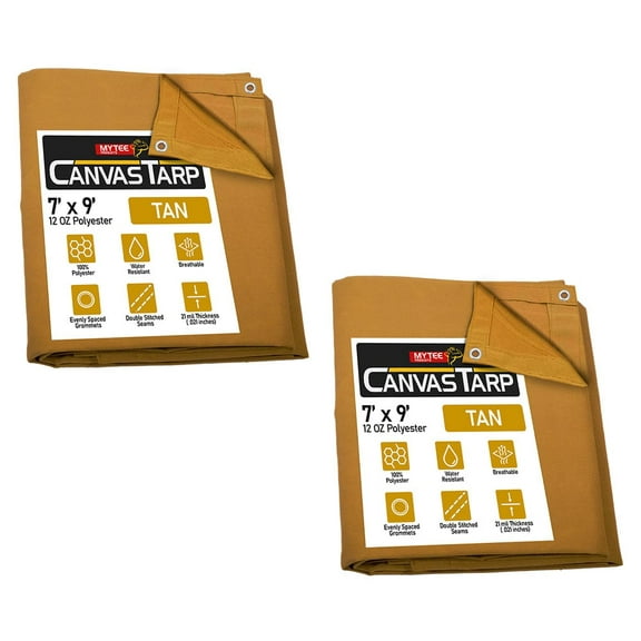 2 Pack 7' x 9' Tan 12oz Canvas Tarp with Grommets - Water Resistant - Heavy Duty Canvas Tarps - Multipurpose Tarpaulin Cover for Canopy Tent, Roof, Camping, Semi Trucks & Cargo