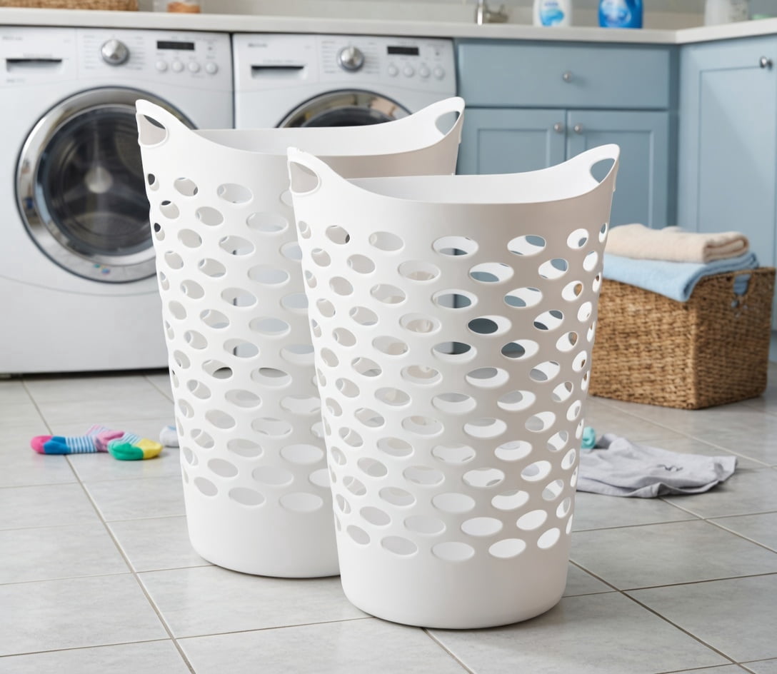 2-Pack 70.48 L Tall Plastic Laundry Basket Hamper with Ventilation Holes and Handles - White