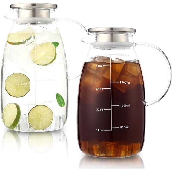 2 Pack 70 oz Glass Pitcher with Lid and Handle for Fridge, Iced Tea and Coffee Carafe Beverage Serveware, Glass Carafe for Hot/Cold Water
