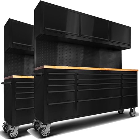 2 Pack - 72 inch 15 Drawers Tool Chest with 3 Up Cabinet & Pegboard in metal, Large Lockable Mobile Workbench (2 × HTC7218PC)