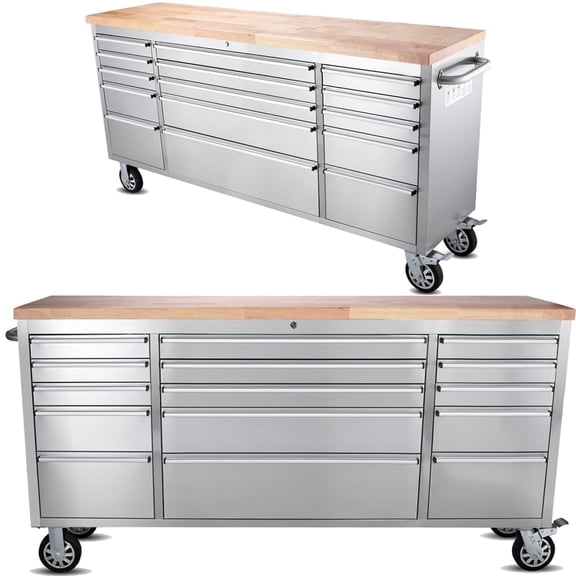 Anortrek 2 Pack - 72" Stainless Steel Rolling Tool Chest with 15 Drawers, Lockable Storage Cabinet, Mobile Workbench, Assembled Large Tool Box with Wheels for Garage Workshop