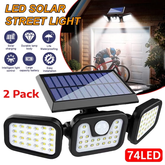 2 Pack 74 LED 3 Head Solar Motion Sensor Outdoor Light, Auto Dusk to Dawn Adjustable Wide Angle IP65 Waterproof Solar Security Flood Light for Yard Garage Pathway Garden