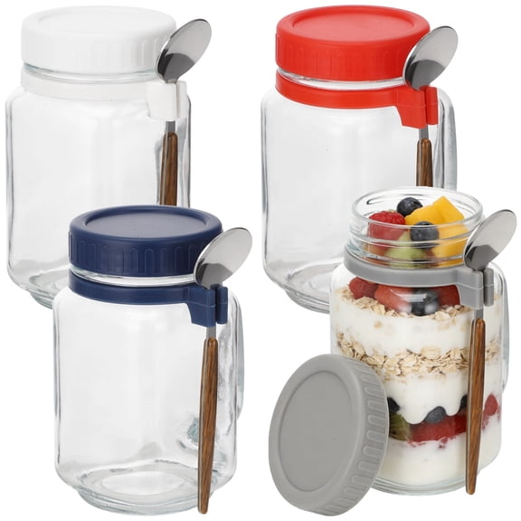 4 Pack 16oz Overnight Oat Containers with Lids and Spoons, Glass Wide Mouth Jars with Handles, Leak Proof Oatmeal Containers for Yogurt Cereal Salad Meal Prep Home Office Picnic