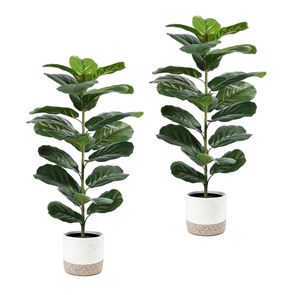 Miracliy 2 pieces Detachable Artificial Fiddle Leaf Fig Plants, Two-Tone Woven Basket Fake Greenery for Indoor Home Decor, 2 Fragrance Sachets As Free Gift
