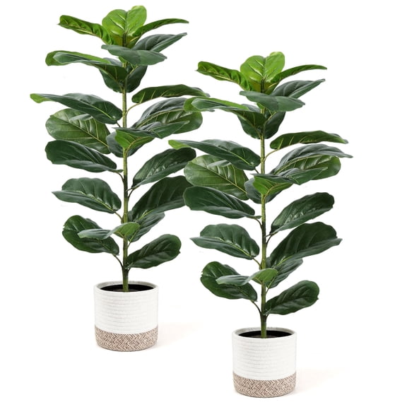 Miracliy 2 pieces Detachable Artificial Fiddle Leaf Fig Plants, Two-Tone Woven Basket Fake Greenery for Indoor Home Decor, 2 Fragrance Sachets As Free Gift