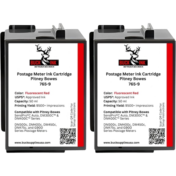 2 Pack 765-9 Replacement Fluorescent Red Ink Cartridge for Pitney Bowes SendPro C, SendPro+, DM300C, DM400C, DM450C, DM475C & G900 Series Postage Meters (50ml)