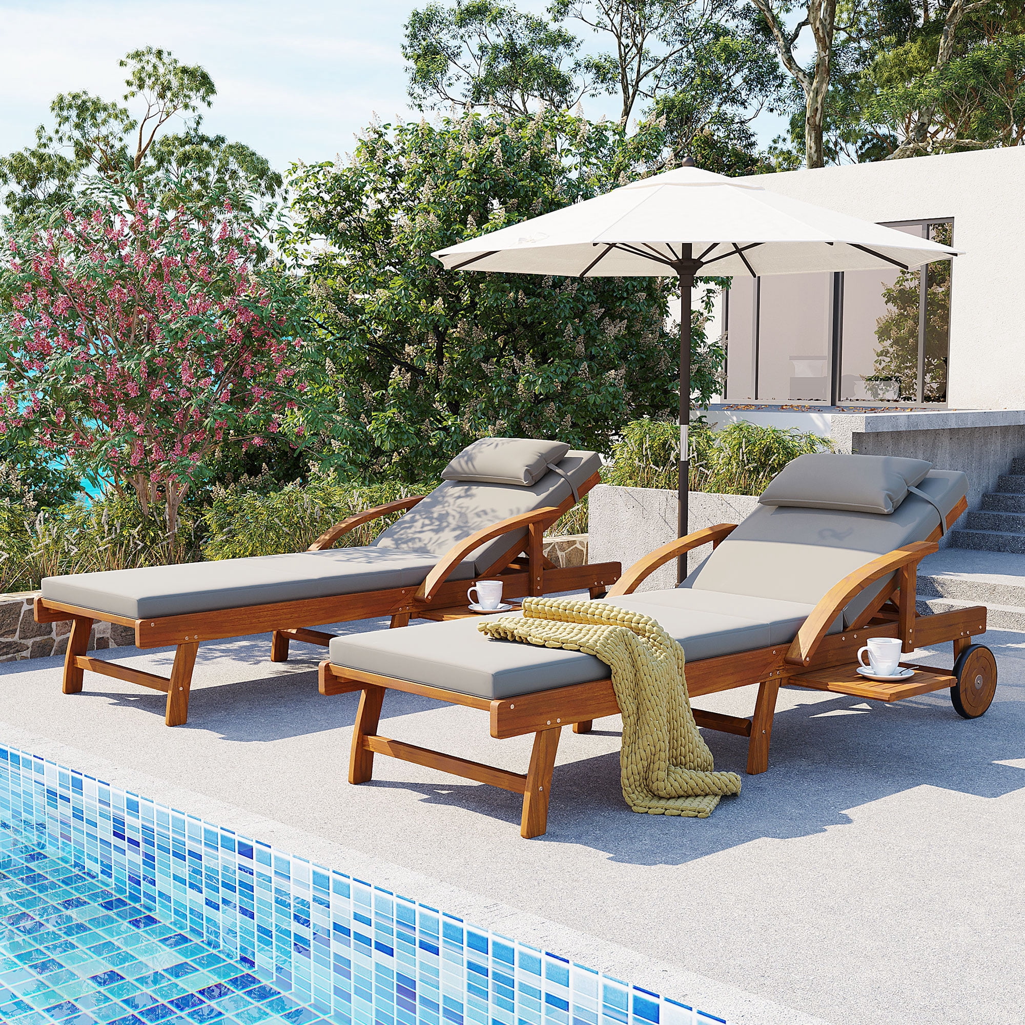 2-Pack 77.5" Acacia Wood Outdoor Patio Chaise Lounge Chairs with Adjustable Backrest and Side Tray