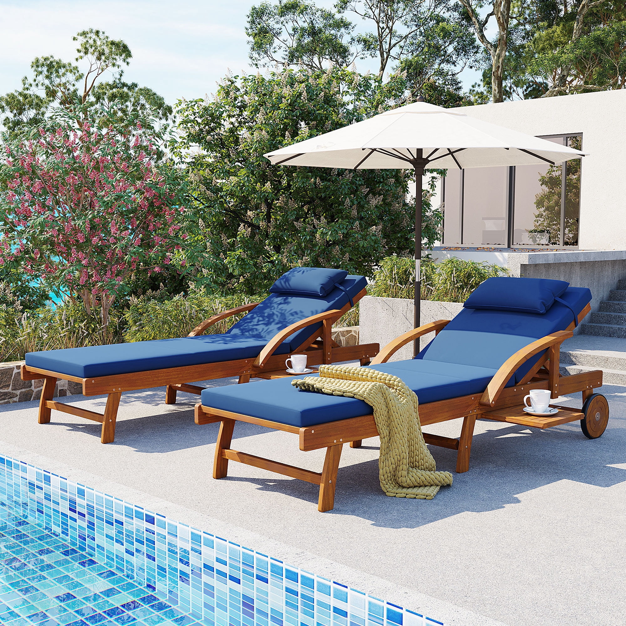 2-Pack 77.5" Acacia Wood Outdoor Patio Chaise Lounge Chairs with Adjustable Backrest and Side Tray