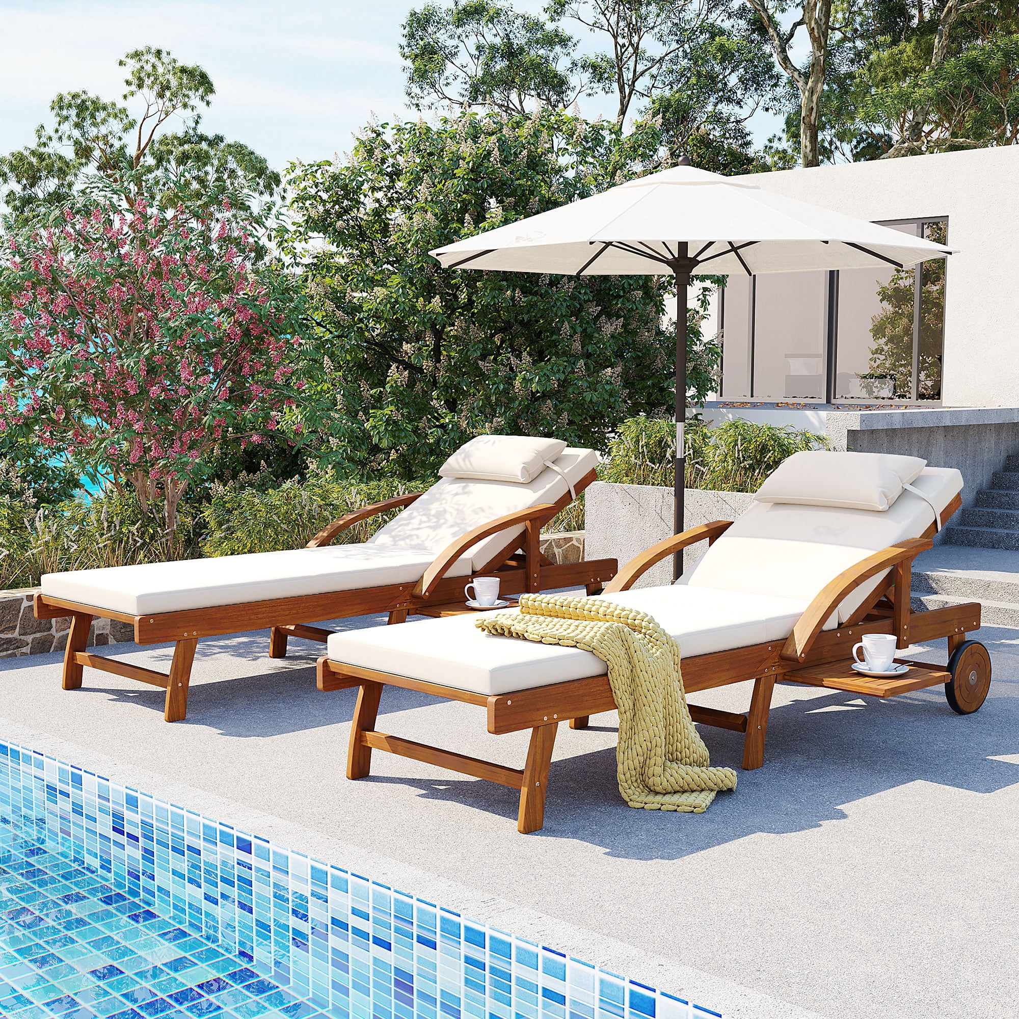 2-Pack 77.5" Acacia Wood Outdoor Patio Chaise Lounge Chairs with Adjustable Backrest and Side Tray