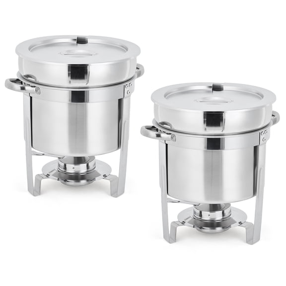 2 Pack 7QT Commercial Stainless Steel Soup Chafer Set, Round Food Warmer with Pots, Notched Lids & Fuel Holders for Buffet, Banquet & Catering - Silver