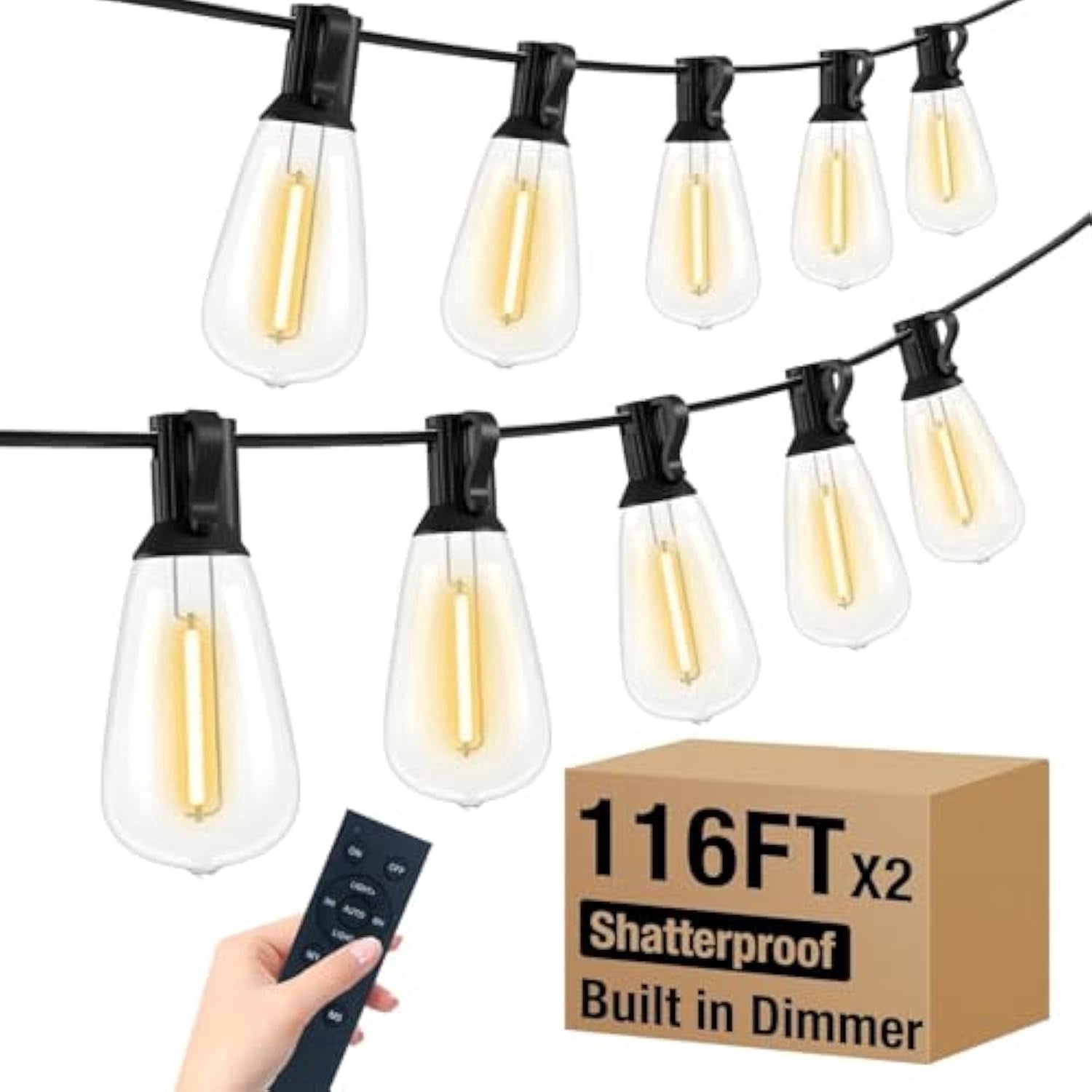 2 Pack 7ft Outdoor String Lights with Remote, Waterproof Patio Lights with ST38 Edison Bulbs Dimmable Timer for Backyard Porch Garden Bistro, Yellow