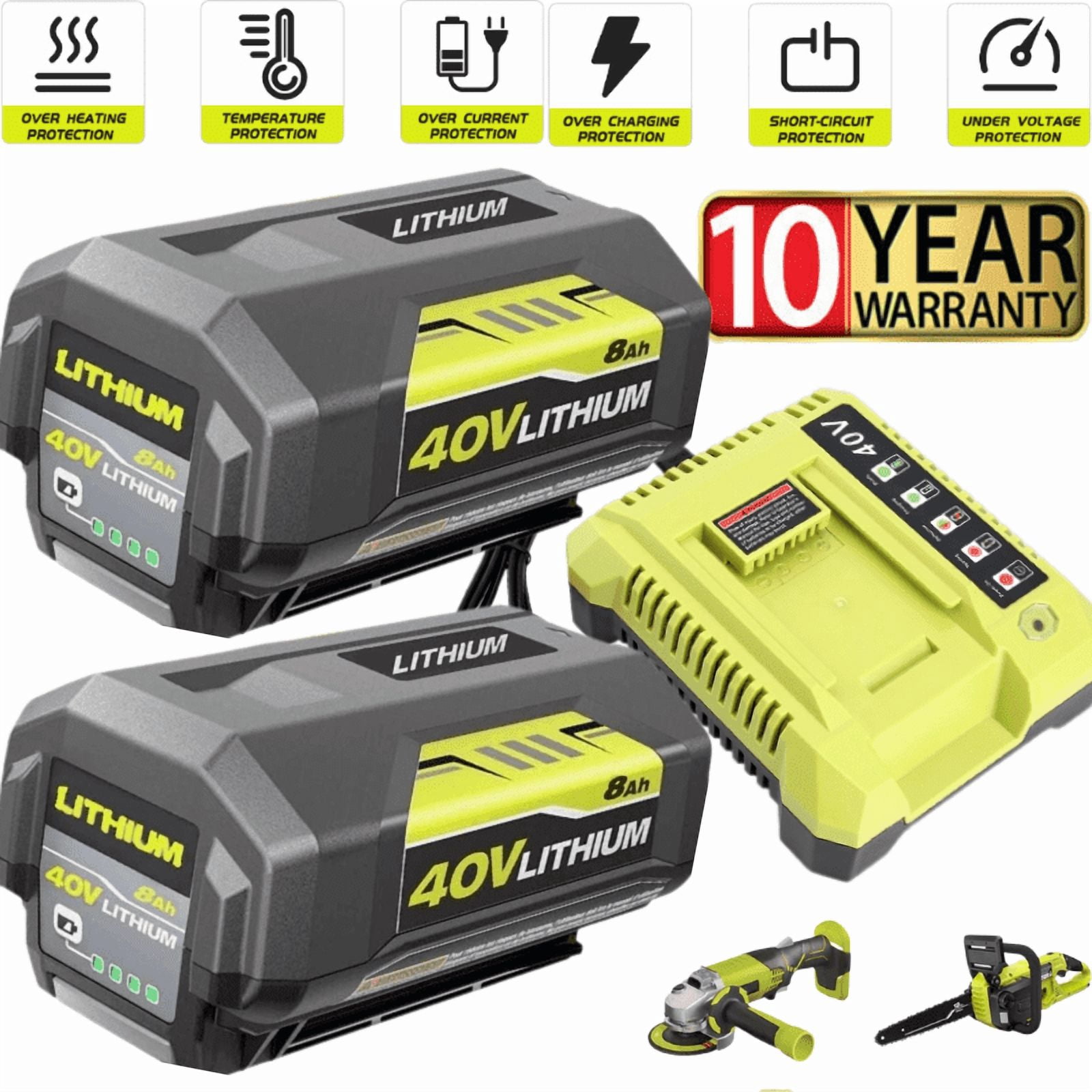 2-Pack 8.0Ah OP4026 40 Volt Lithium Replacement Battery and OP401 Charger Compatible with Ryobi 40V Battery OP4050A OP40601 OP4026A OP4040 OP4030 OP4050 OP4015 OP40261 OP40201 Power Tools (Green)
