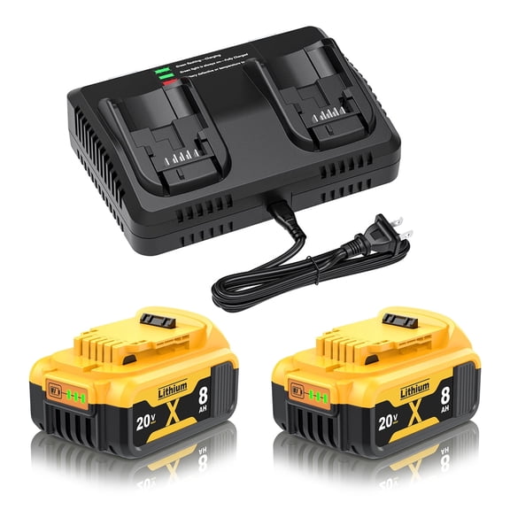 2 Pack 8.0Ah Replacement Battery and Charger for Dewalt 20V Max Batteries DCB200 DCB205-2 DCB206 DCB204 DCB203 DCB208 Compatible with Dewalt 20V Cordless Power Tools with 6Ah Battery