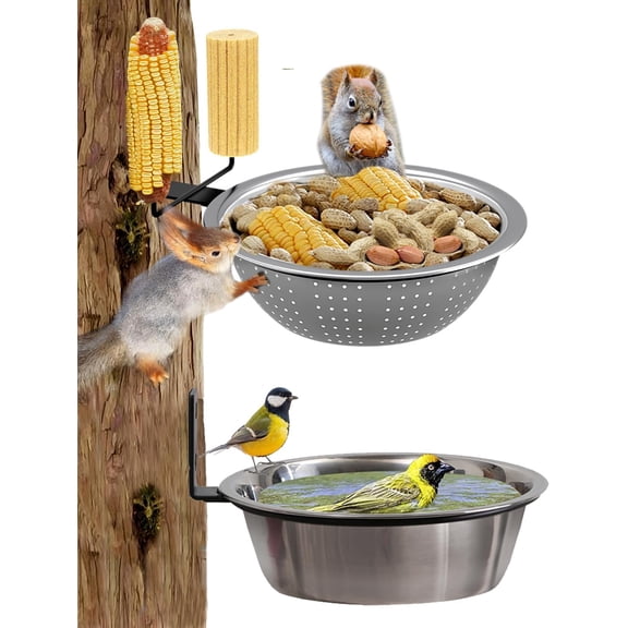 2 Pack 8.5" Squirrel and Bird Feeder for Outside Tree/Fence, Removable Metal Bowl with Drainage Holes, Adding 1 Watering or Bath/Swim, Sturdy Easy Clean Feeders Outdoor