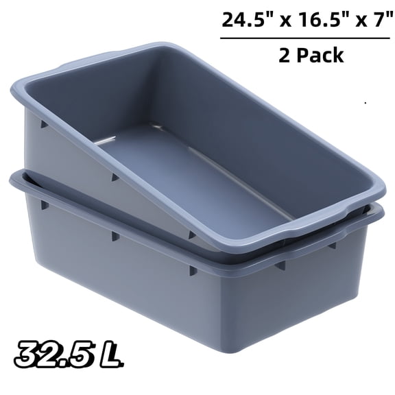 2-Pack 8.6 Gallon Gray Plastic Bus Tubs, Wash Basin/Dish Tub, Restaurant Kitchen Storage & Organization, 24.5" x 16.5" x 7".