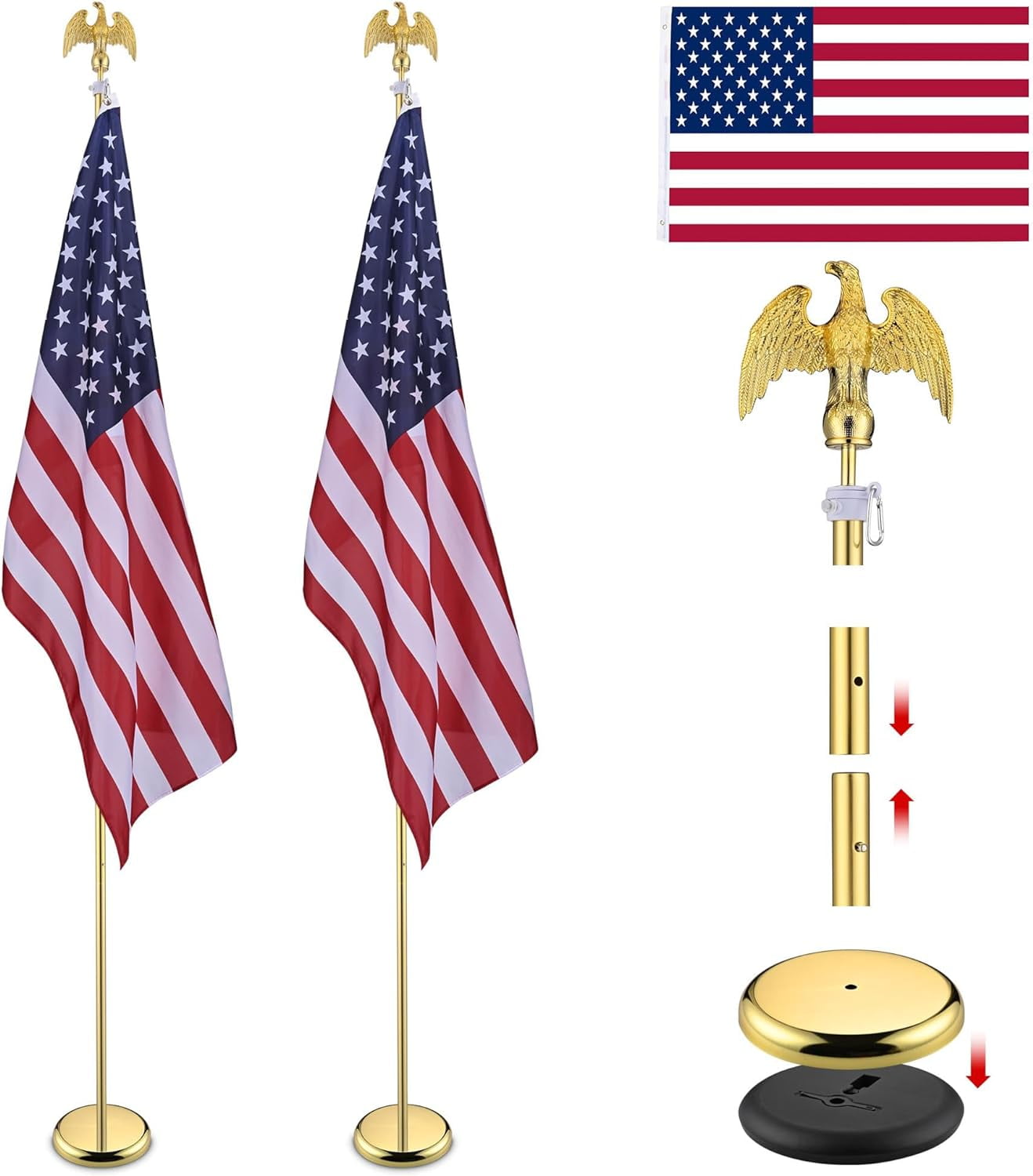 2 Pack 8 Ft Sectional Flag Pole Kit Golden Eagle Finial 3x5 Ft US Flag with Embroidered Stars Indoor