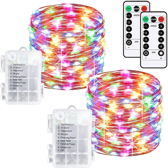 2 Pack 8-Function Waterproof Remote Control Battery Box LED String Lights, Ultra-Bright Copper Wire Fairy Lights for Indoor Night Decor, Party & Holiday (Multicolor)