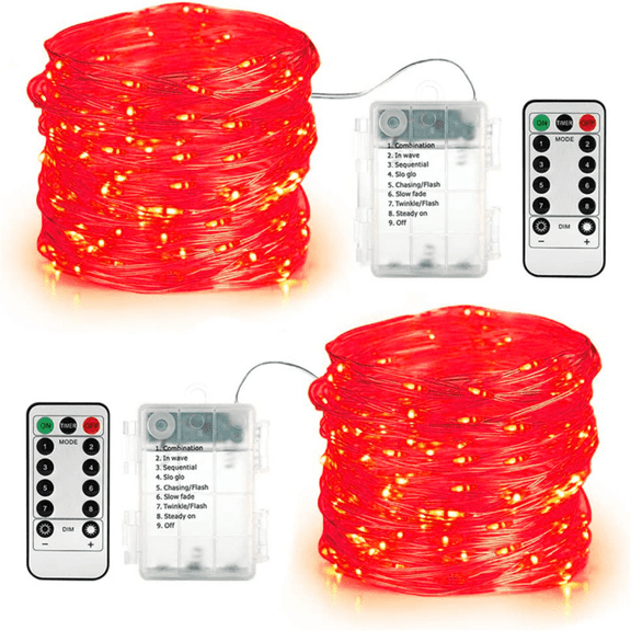 2 Pack 8-Function Waterproof Remote Control Battery Box LED String Lights, Ultra-Bright Copper Wire Fairy Lights for Indoor Night Decor, Party & Holiday (Red)