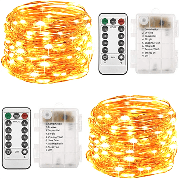 2 Pack 8-Function Waterproof Remote Control Battery Box LED String Lights, Ultra-Bright Copper Wire Fairy Lights for Indoor Night Decor, Party & Holiday (Warm White)