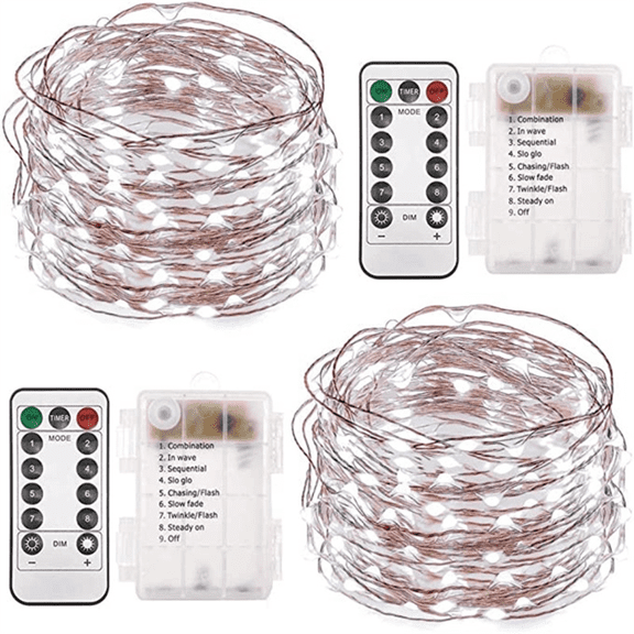 2 Pack 8-Function Waterproof Remote Control Battery Box LED String Lights for Indoor Night Decor, Party & Holiday (Cool White)