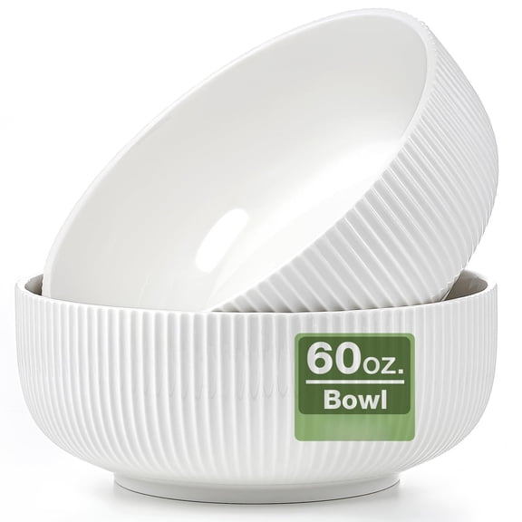 2 Pack 8 Inch 60 Oz White Ceramic Serving Bowl Set