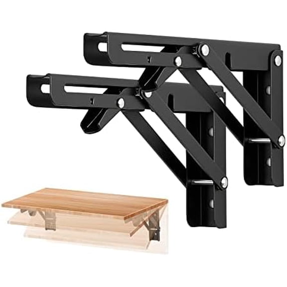 2 Pack 8 Inch Folding Shelf Brackets – Matte Black, Heavy Duty Collapsible Brackets for Tables and Benches – Space-Saving Design