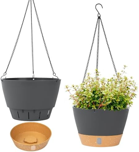 2 Pack 8 Inch Hanging Planters for Indoor Outdoor Plants, Hanging Baskets Flower Pots with Reservoir Tray & Visible Water-Level Dark Grey,8 inch