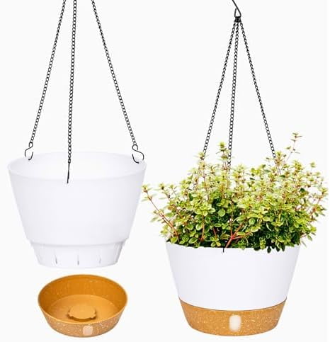 2 Pack 8 Inch Hanging Planters for Indoor Outdoor Plants, Hanging Baskets Flower Pots with Reservoir Tray & Visible Water-Level White,8 inch