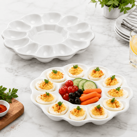 2-Pack 8 Inch White Ceramic Deviled Egg Platter Serving Trays