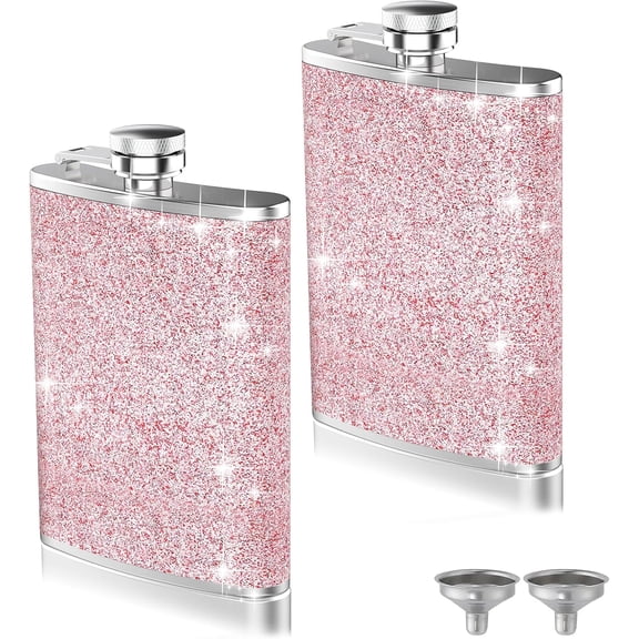 2-Pack 8 Oz Bling Hip Flasks for Liquor, Lakproof Thin Stainlss Stl Camping Pockt Flask With Funnl Girl Womn, Portabl Mtal Wdding Groomsmn Bridsmaid Gift,Pink