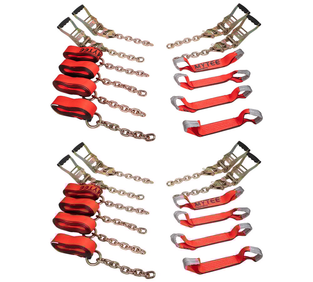 2 Pack 8 Point Roll Back Vehicle Tie Down Kit with Chain Extension on Both Ends - 14 FT Straps, Ratchet Handles - WLL 3333 LB - Tow Truck Straps Car Hauler Tie Down System - Red