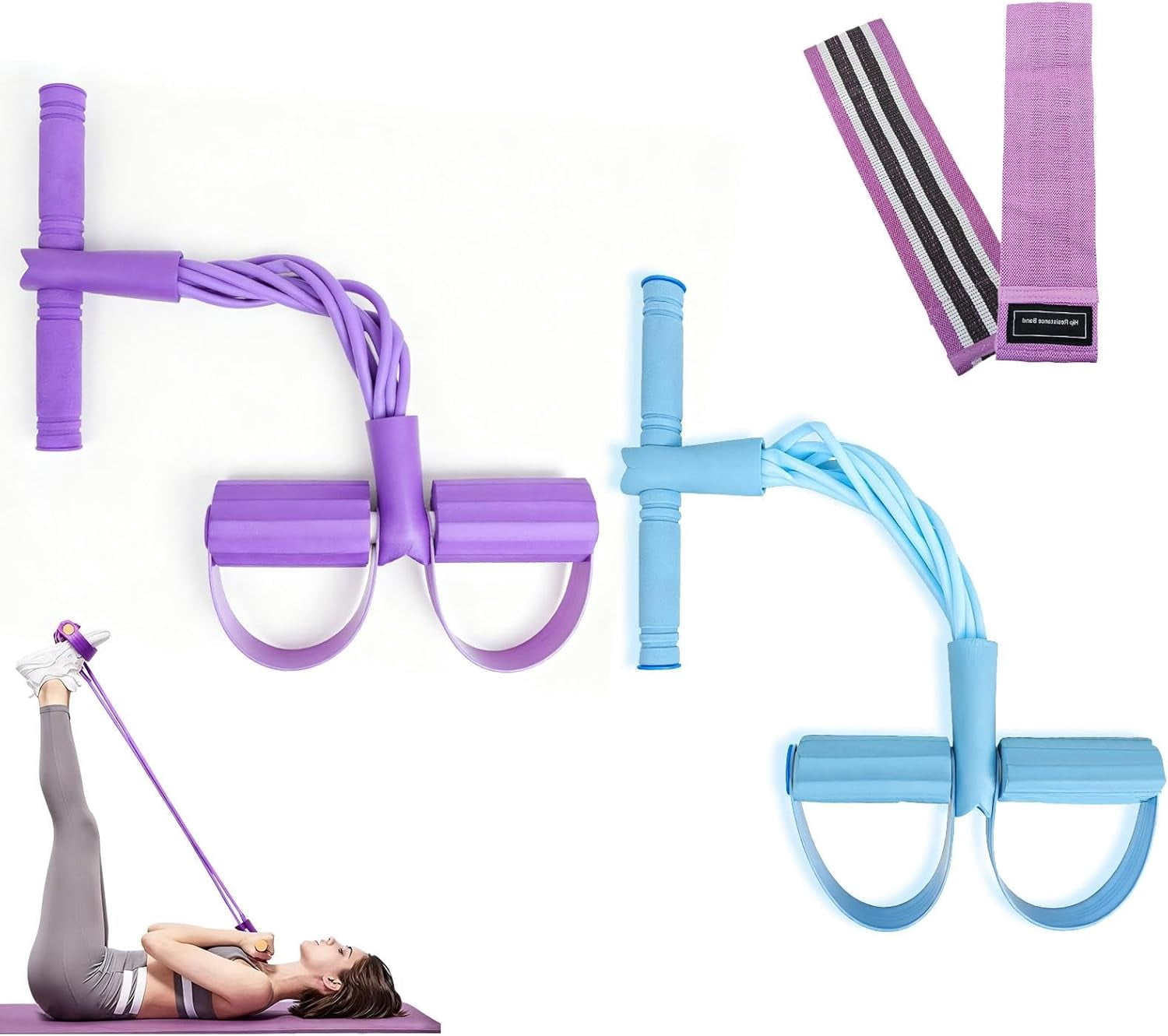 2 Pack 8-Tube Pedal Resistance Bands, Elastic Sit-Up Pull Rope with Handles for Abdomen, Waist, Arm and Leg Stretching, Home Gym Fitness Workout